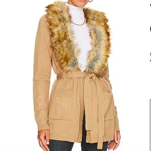 NWT Show Me Your MuMu cabin cardigan sweater with faux fur Trim Belt Size S